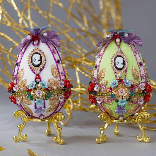 Collection of bright push pin vintage inspired Easter Egg handmade ornaments with gold cameo, ribbons, flowers, and beads - Whim5seasons.