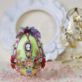 Load image into Gallery viewer, Handmade Kit to craft an Easter Egg Beaded Ornament by pushing pins with flowers, leaves, and crystal beads onto a satin form. DIY. (Lime).