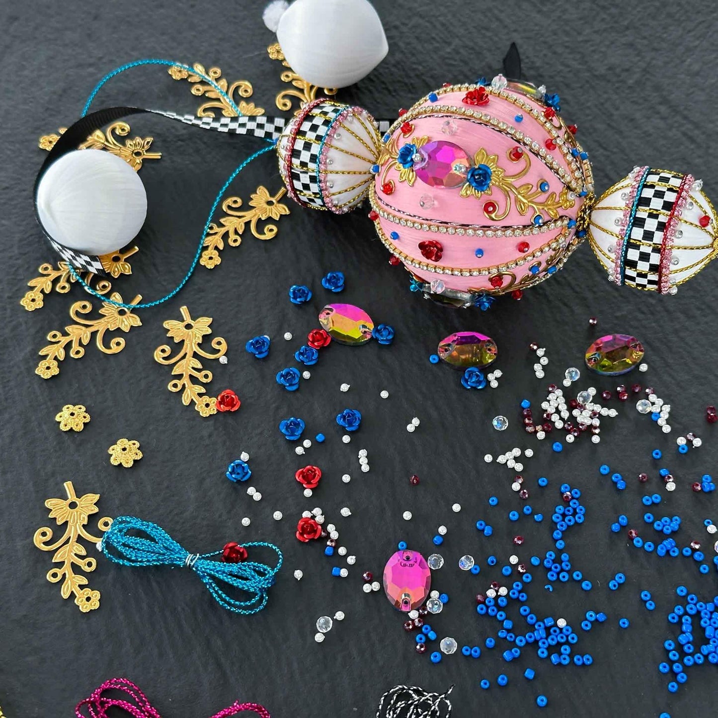 Christmas Beaded Satin Ornament Kit, materials for the project. (Light Pink).