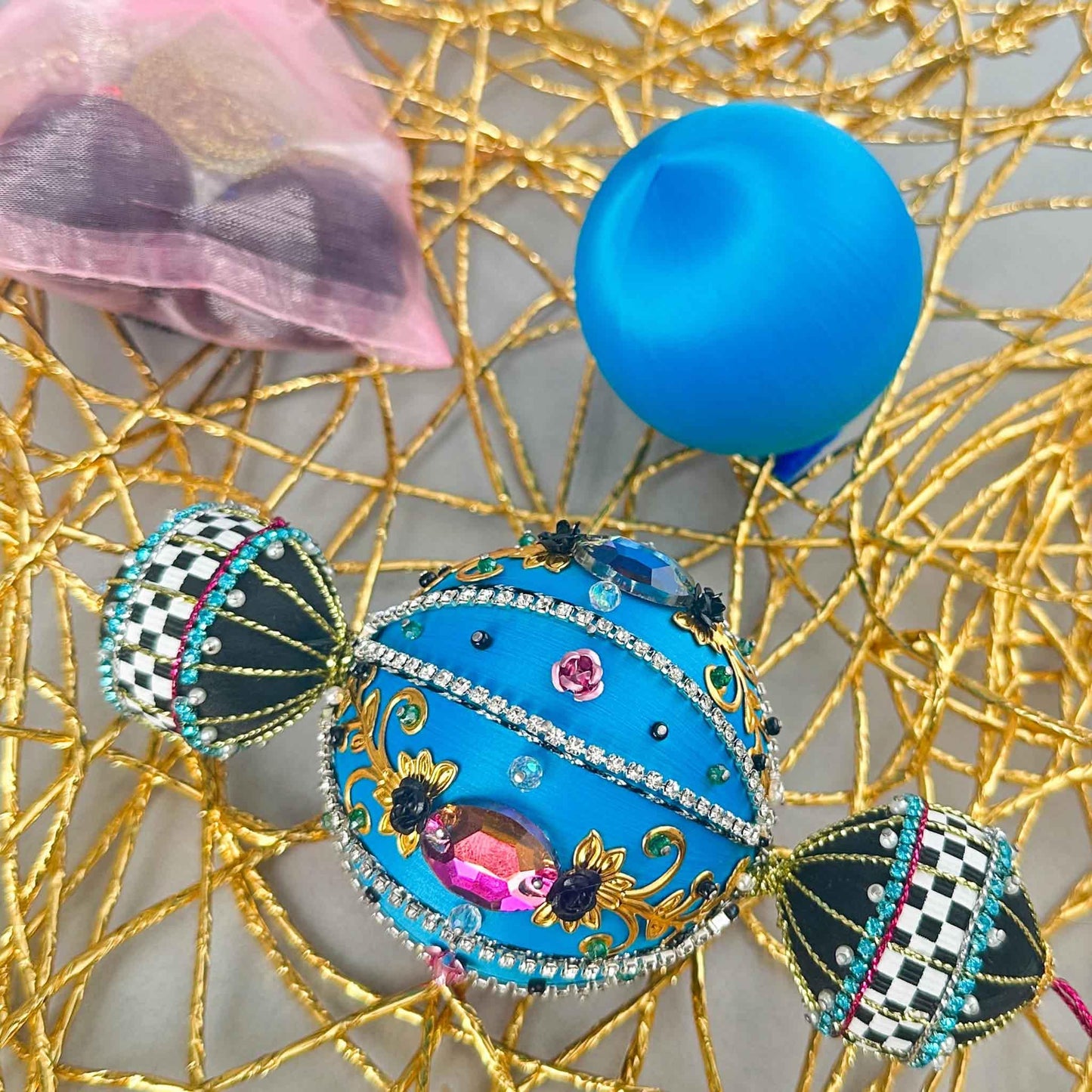 Handmade Christmas Beaded Satin Ornament sparkly and fun. (Sky Blue).