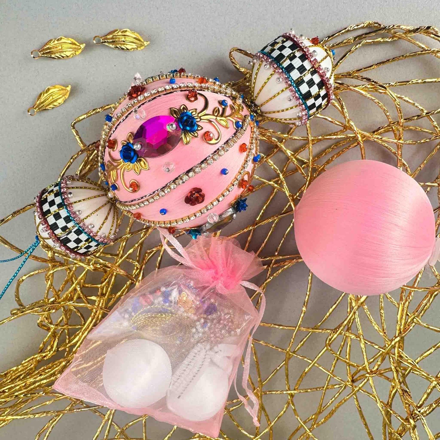 Christmas Beaded Satin Ornament Kit Project, DIY packed ready to be mailed. (Light Pink).