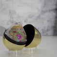 Load image into Gallery viewer, Gold container for Handmade Easter Egg Christmas Satin Ornament, embellished with rhinestones, beads, lace. (Olive).