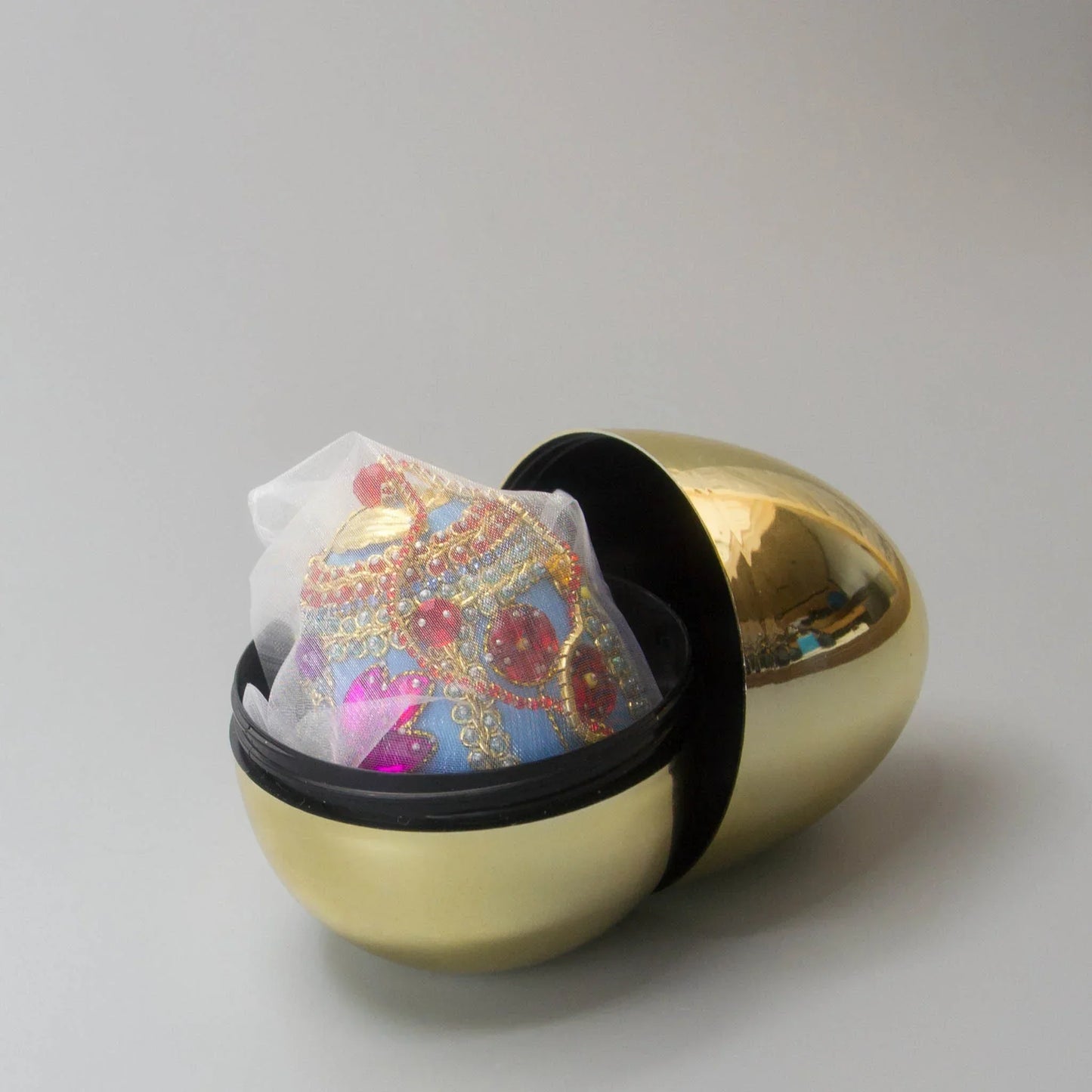 Gold container for Handmade Easter Egg Christmas Satin Ornament, embellished with rhinestones, beads, lace. (Sky Blue).