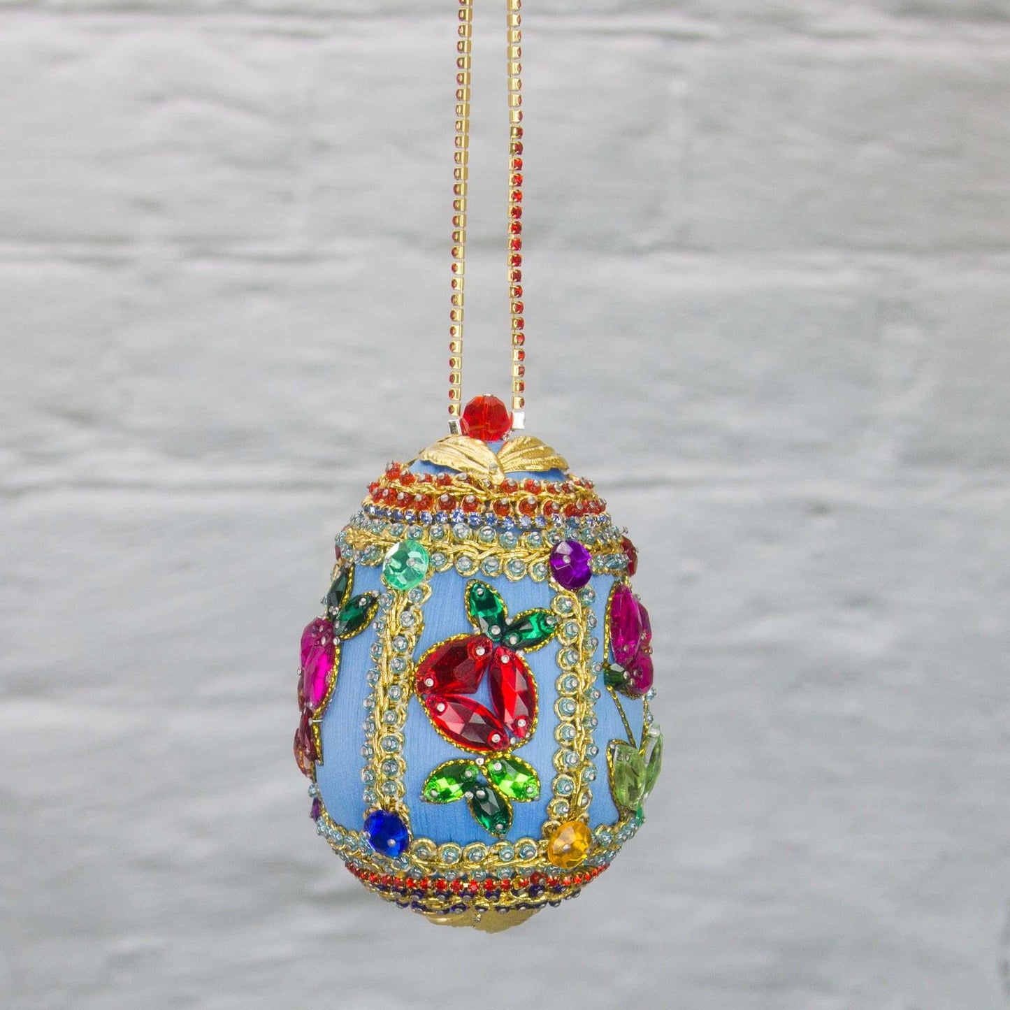 Handmade Easter Egg Beaded Ornament embellished with flowers, leaves, gold floral trim, and crystal beads by Whim5seasons.