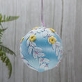 Load image into Gallery viewer, Christmas or Easter Beaded Ornament Ball embellished with flowers, trim, and beads. Handmade. (Light Blue).