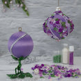 Load image into Gallery viewer, Christmas or Easter Beaded Ornament Ball embellished with flowers, trim, and beads. Handmade. Packaging. (Medium Purple).
