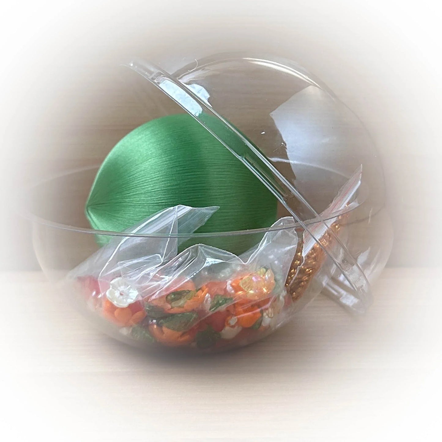 Christmas or Easter Beaded Ornament Ball embellished with acrylic flowers, leaves, and crystal beads. Handmade. Packging. (Olive).