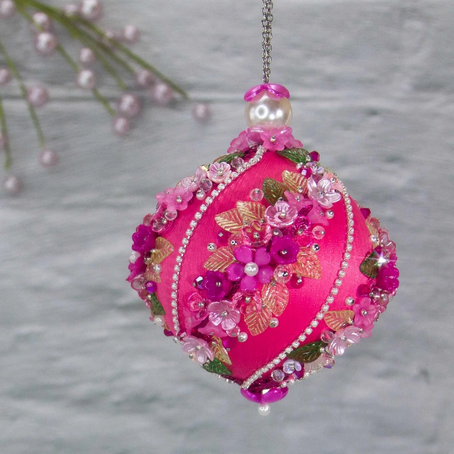 Christmas or Easter Beaded Ornament Ball embellished with acrylic flowers, leaves, and crystal beads. Handmade.(Deep Pink).