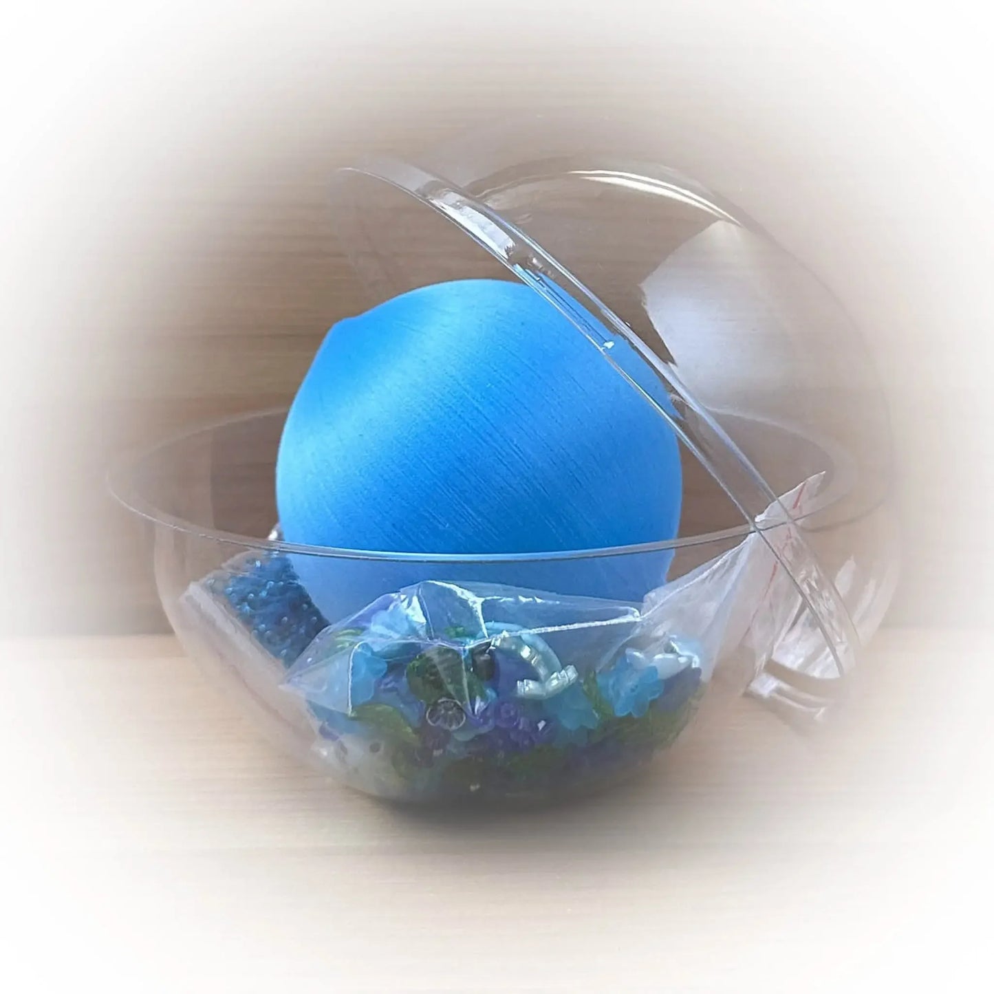 Christmas or Easter Beaded Satin Ornament Ball embellished with flowers, trim, and beads. Handmade. Packaging. (Sky Blue)