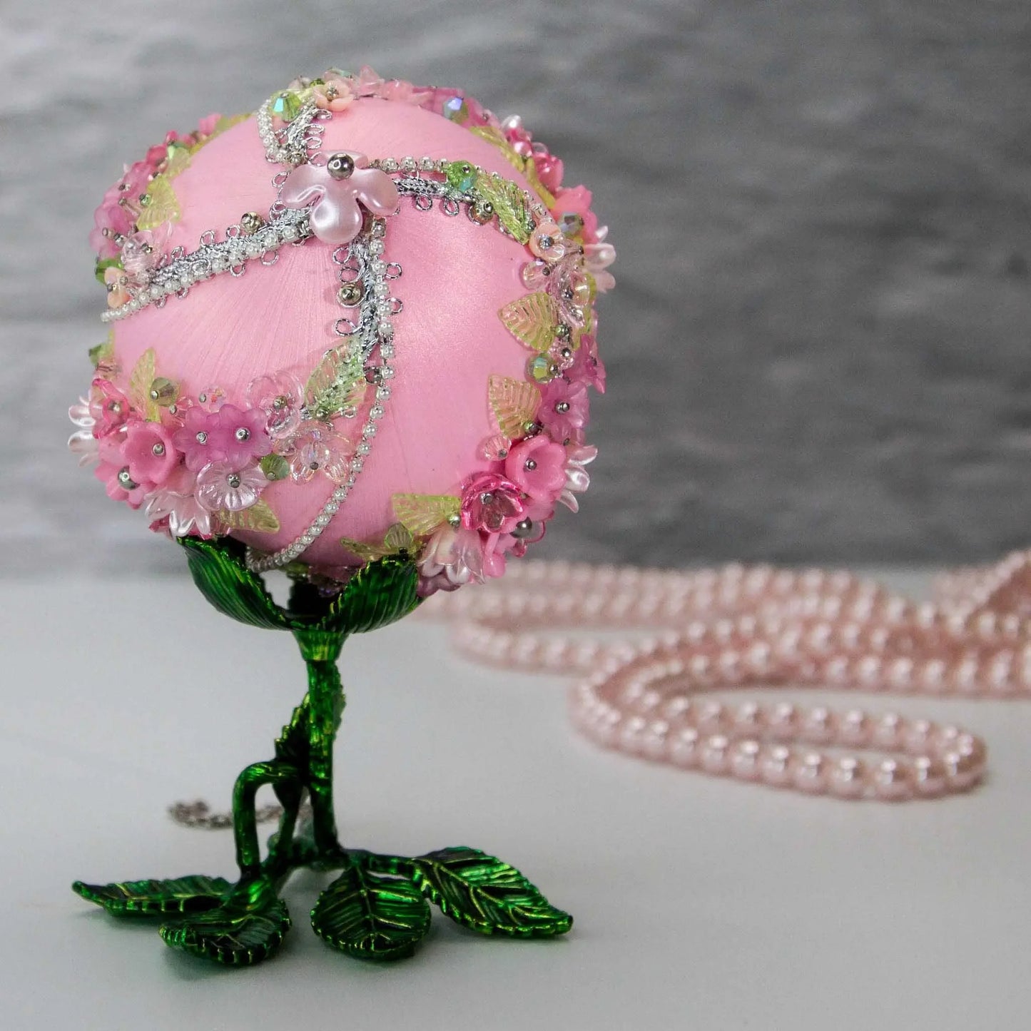 Christmas or Easter Beaded Ornament Ball embellished with acrylic flowers, leaves, and crystal beads. Handmade. Bottom Detail. (Light Pink).