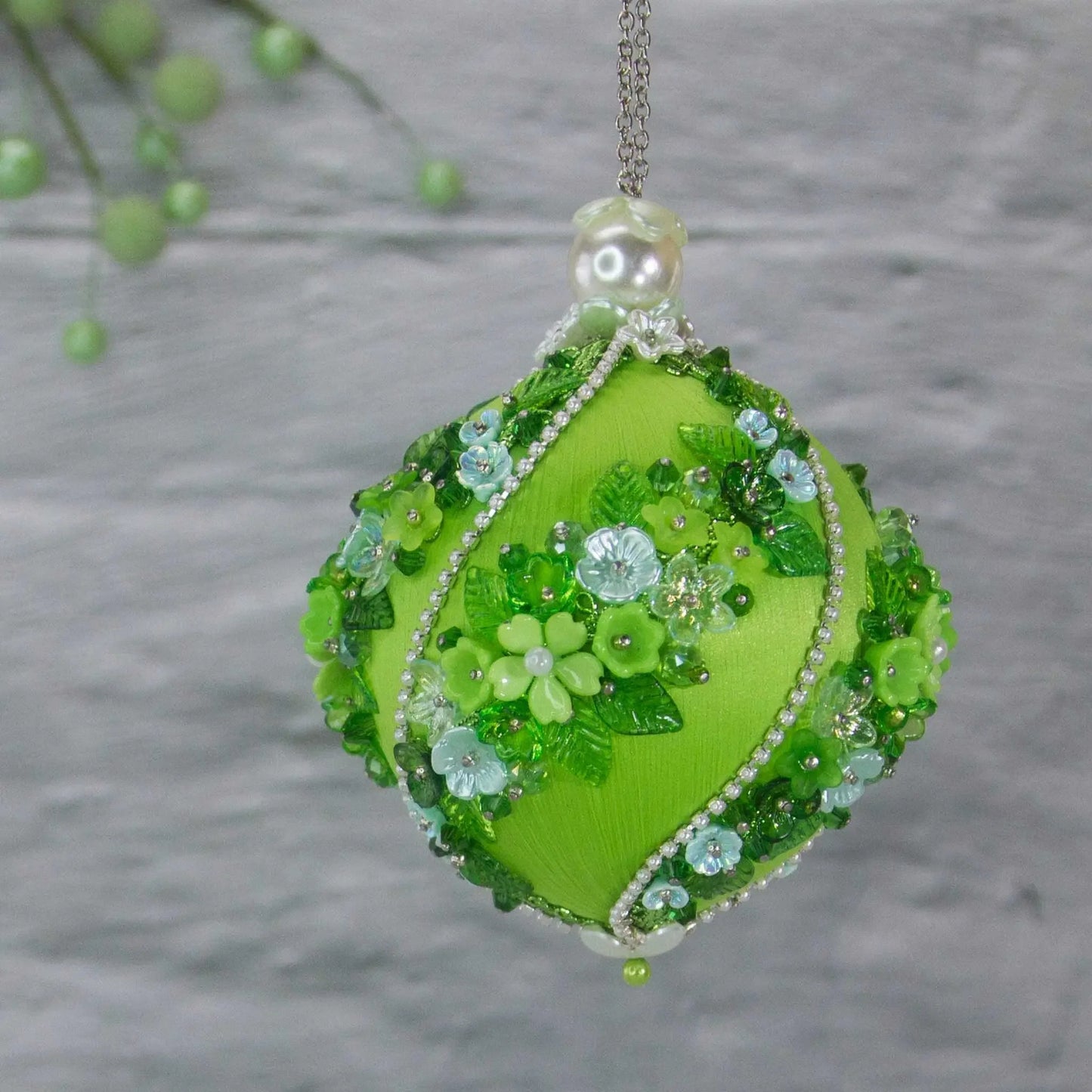 Christmas or Easter Beaded Ornament Ball embellished with acrylic flowers, leaves, and crystal beads. Handmade. (Lime).