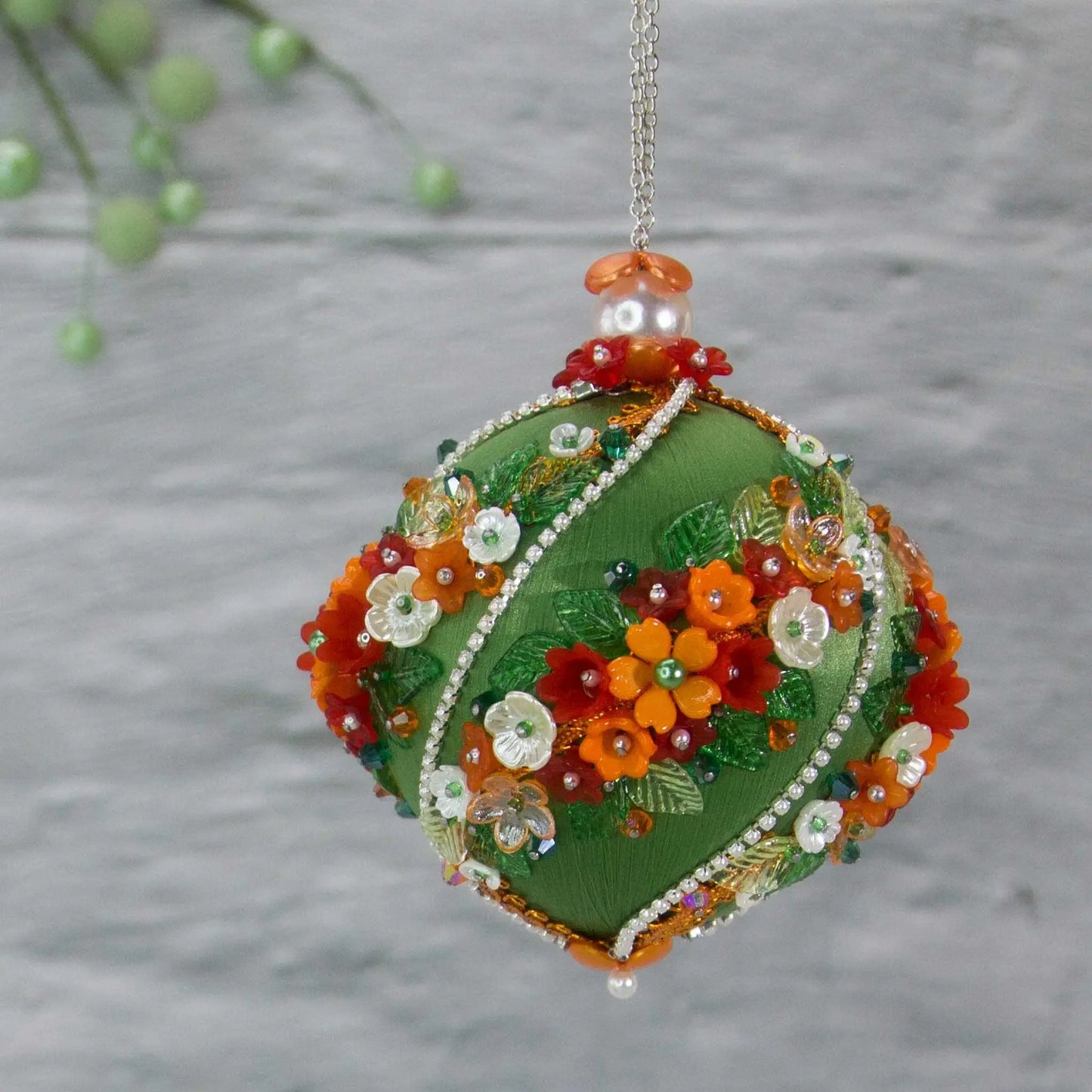 Christmas or Easter Beaded Ornament Ball embellished with acrylic flowers, leaves, and crystal beads. Handmade.(Olive).