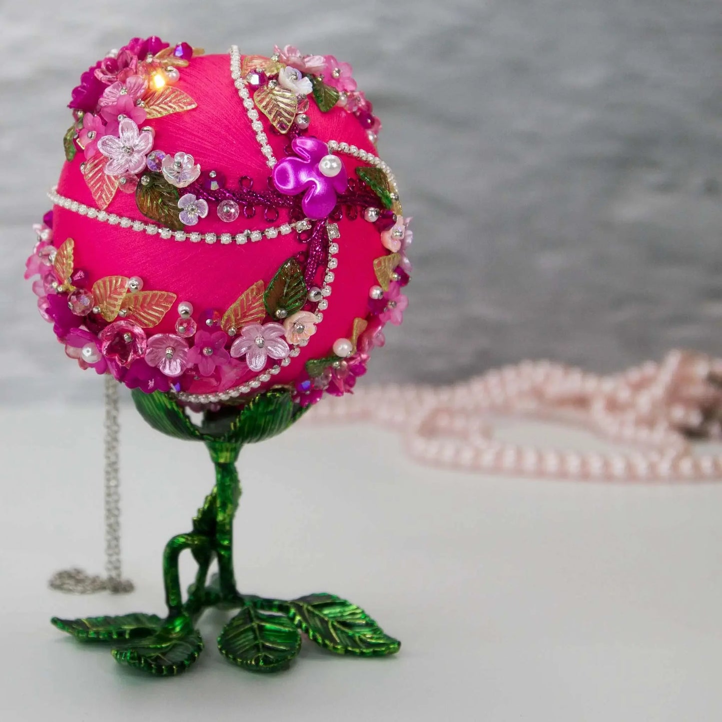 Christmas or Easter Beaded Ornament Ball embellished with acrylic flowers, leaves, and crystal beads. Handmade. Bottom Detail. (Deep Pink).
