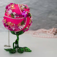 Load image into Gallery viewer, Christmas or Easter Beaded Ornament Ball embellished with acrylic flowers, leaves, and crystal beads. Handmade. Bottom Detail. (Deep Pink).