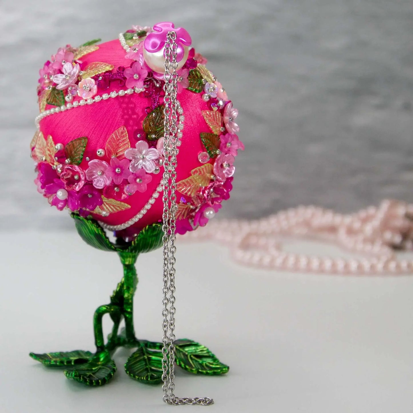 Christmas or Easter Beaded Ornament Ball embellished with acrylic flowers, leaves, and crystal beads. Handmade. Top Detail. (Deep Pink).