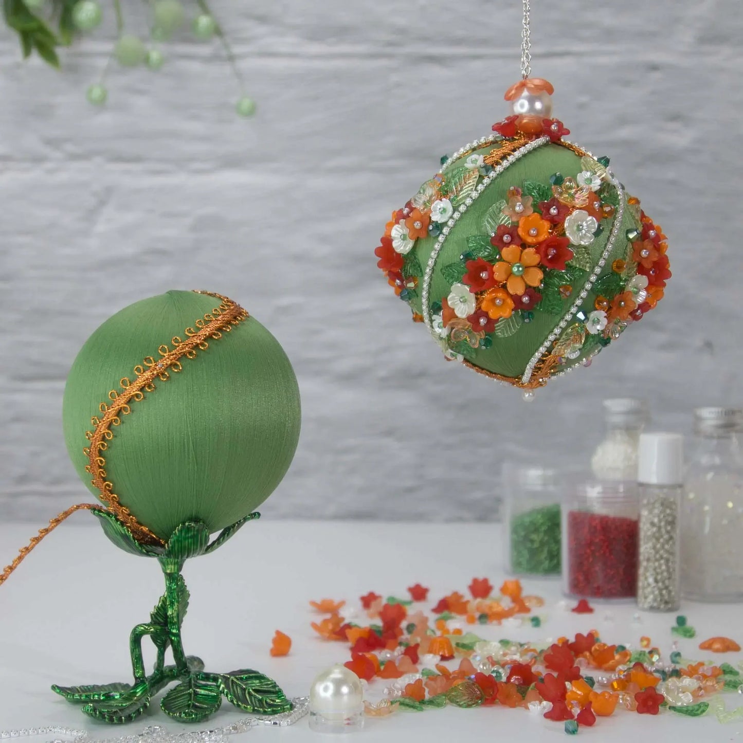 Christmas or Easter Beaded Ornament Ball Kit Project, DIY using pins and embelishments. (Olive).