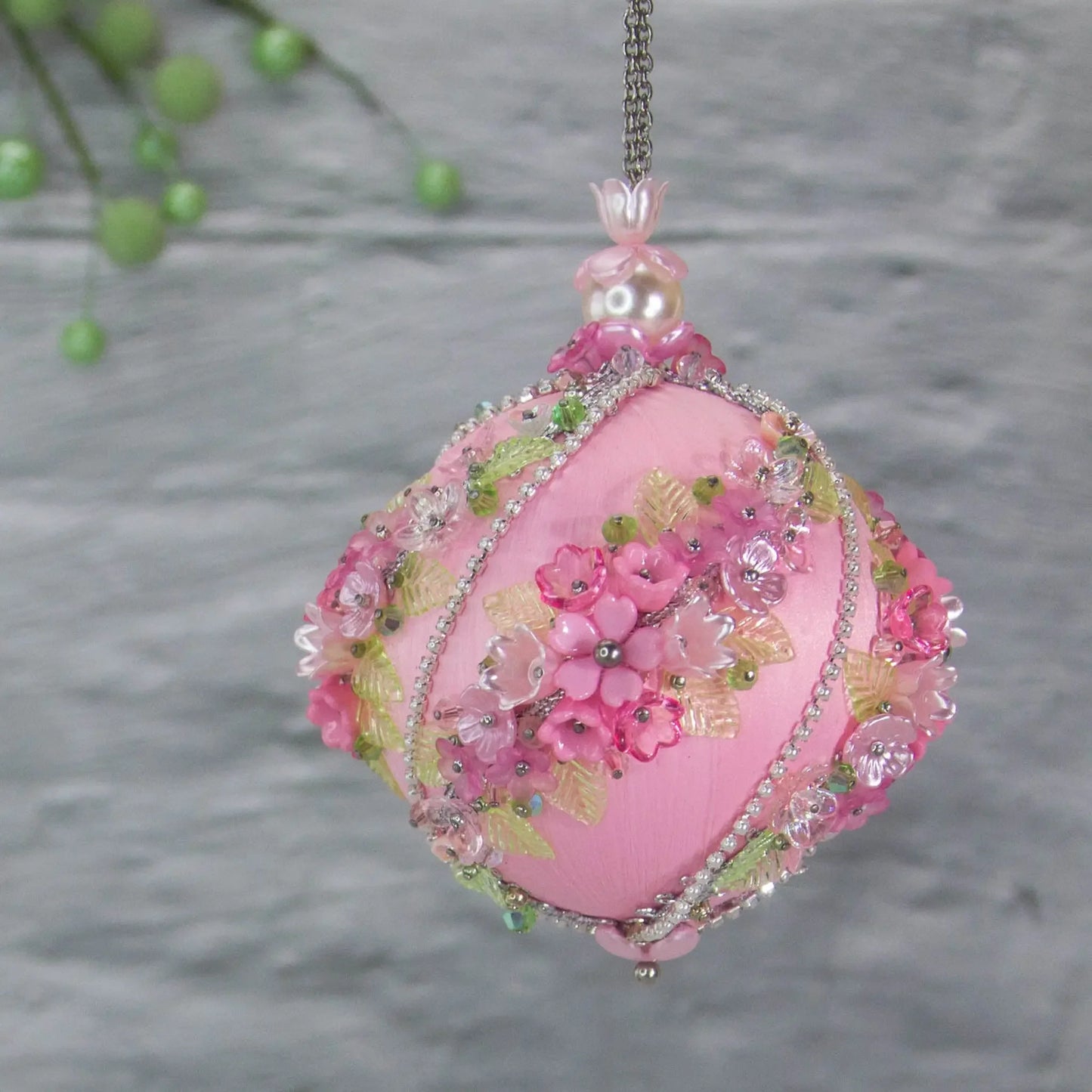 Christmas or Easter Beaded Ornament Ball embellished with acrylic flowers, leaves, and crystal beads. Handmade. (Light Pink).