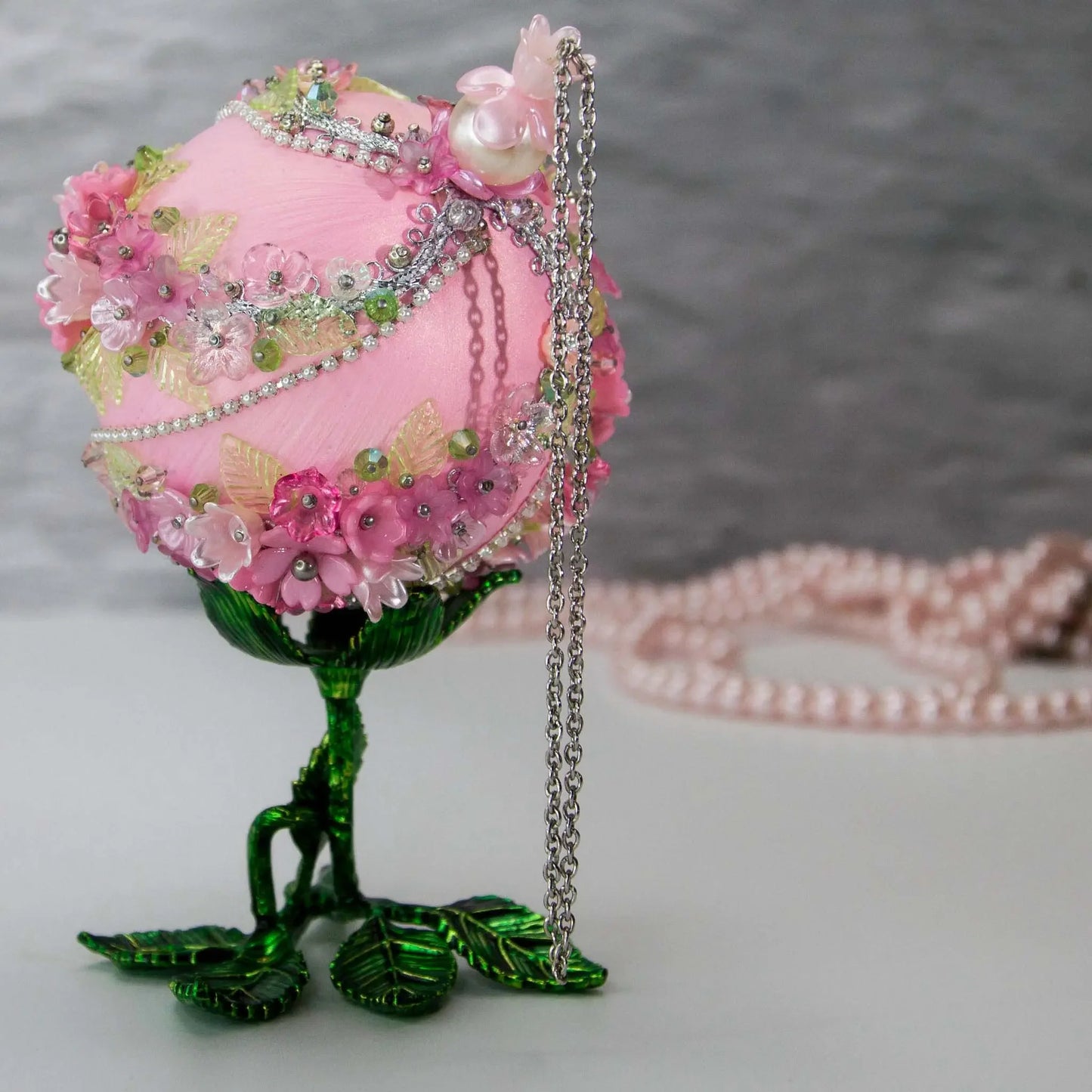 Christmas or Easter Beaded Satin Ornament Ball embellished with acrylic flowers, leaves, and crystal beads. Handmade. Top Detail.(Light Pink).