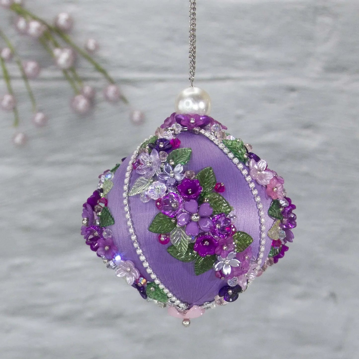 Christmas or Easter Beaded Ornament Ball embellished with acrylic flowers, leaves, and crystal beads. Handmade. (Medium Purple).