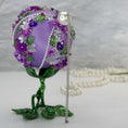 Load image into Gallery viewer, Christmas or Easter Beaded Ornament Ball embellished with acrylic flowers, leaves, and crystal beads. Handmade. Top Detail. (Medium Purple).