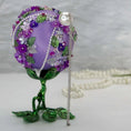 Load image into Gallery viewer, Christmas or Easter Beaded Ornament Ball embellished with flowers, trim, and beads. Handmade. Top detail. (Medium Purple).