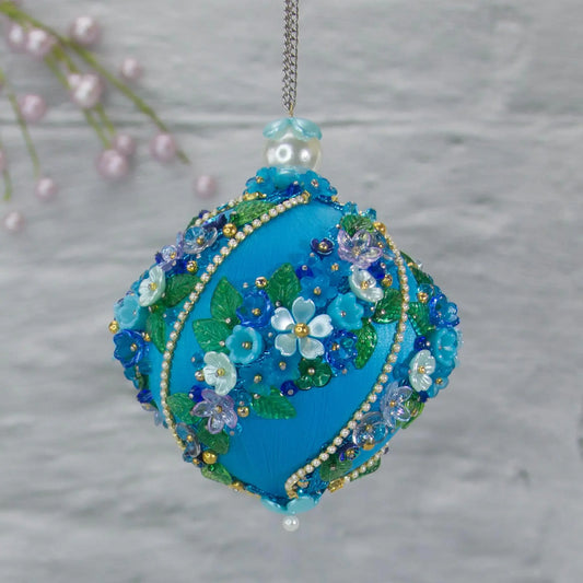 Christmas or Easter Beaded Satin Ornament Ball embellished with acrylic flowers, leaves, and crystal beads. Handmade. (Sky Blue)