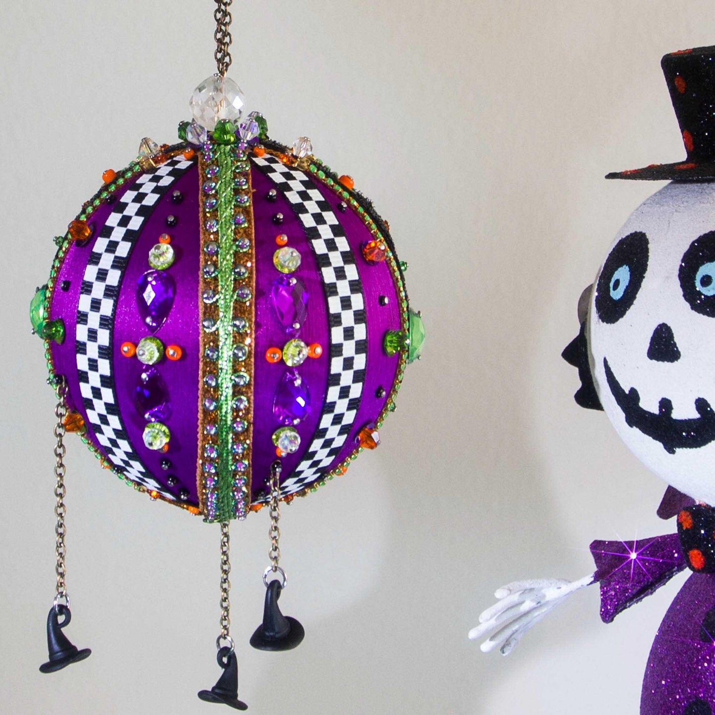 Fun bright purple Halloween ornament handmade by Whim5seasons embellished with rhinestones and beads. (Indigo)