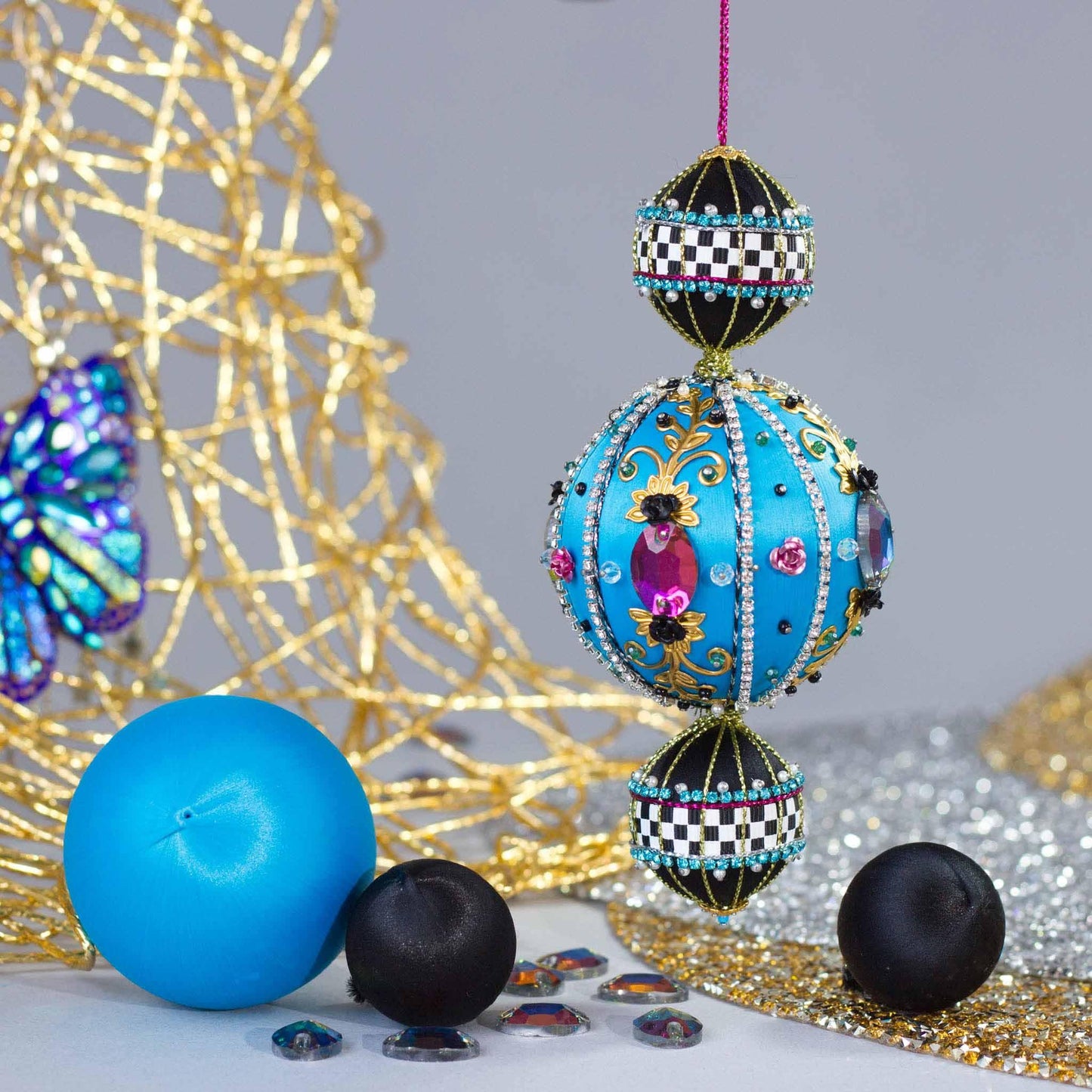 Christmas Beaded Satin Ornament Kit Project, DIY pins and embellishments. (Sky Blue).