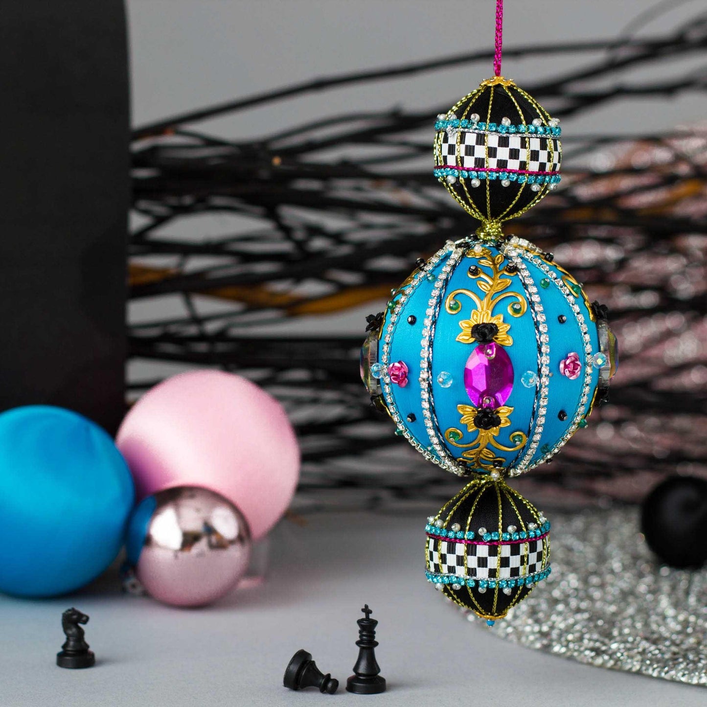 Christmas Beaded Satin Ornament Ball Kit Project, DIY using pins and embellishments. (Sky Blue).
