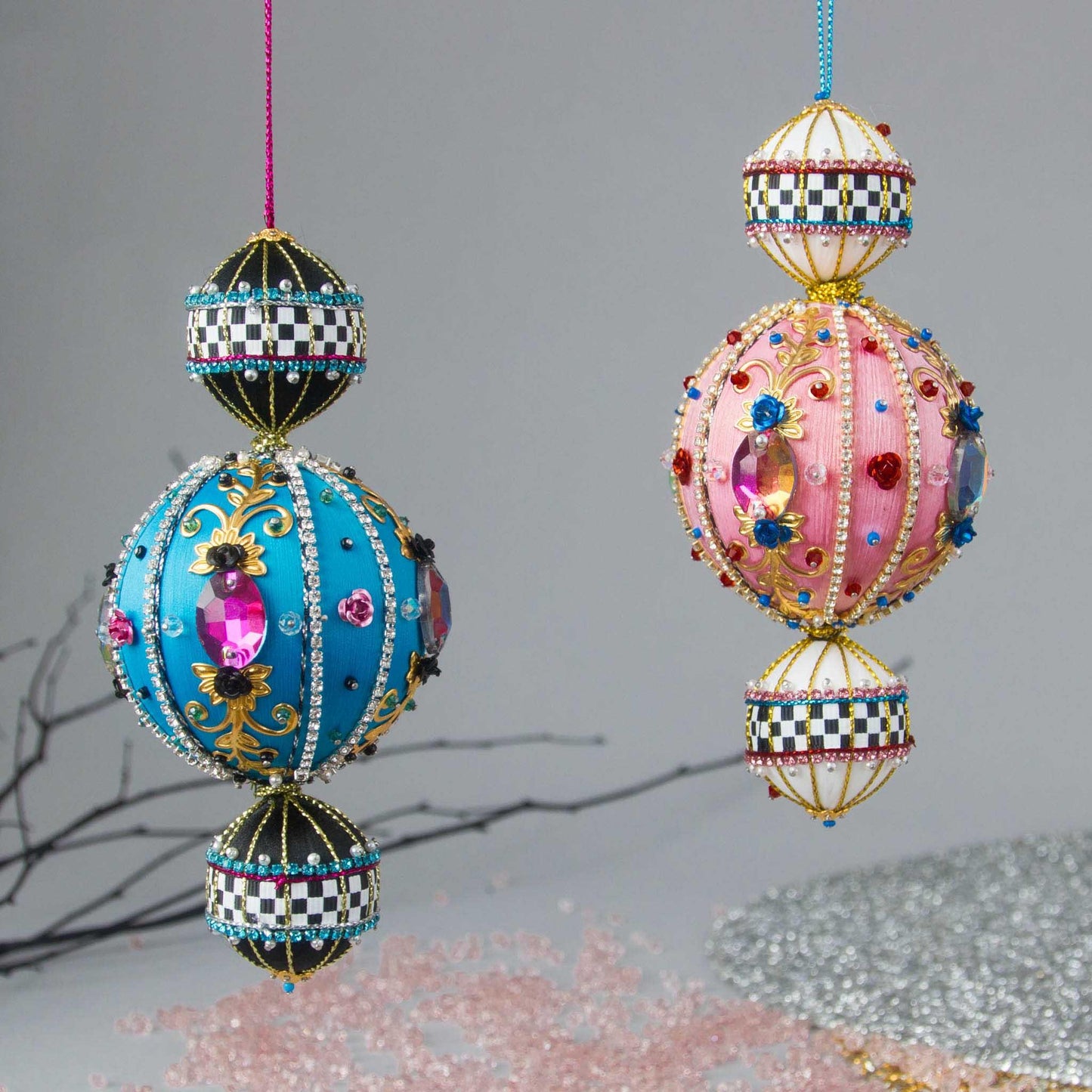 Two Handmade Christmas Push Pin Beaded Satin Ornaments - unique, fun, and unusual from Whim5seasons.
