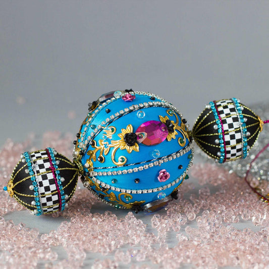 Handmade Christmas Beaded Satin Ornament sparkly and fun. (Sky Blue).