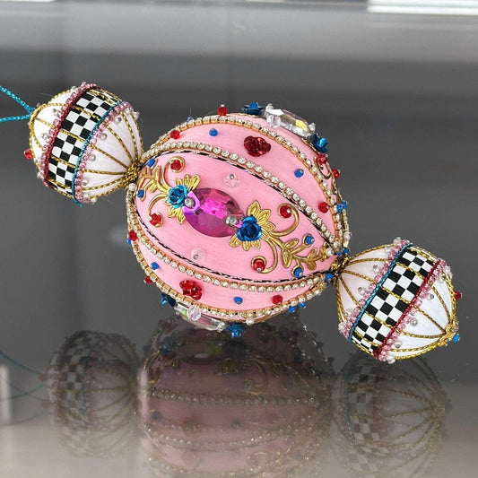 Christmas handmade Beaded Satin Ornament , one-of-a-kind. (Light Pink).