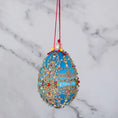 Load image into Gallery viewer, This Faberge Inspired Push Pin Easter Ornament is one-of-a-kind from Whim5seasons. It showcases striking blue and colors with gold accents. (Sky Blue)