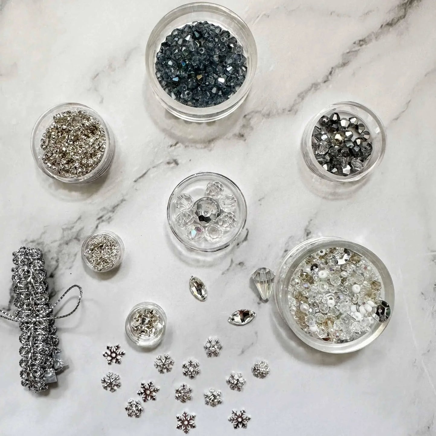 Polar Night Christmas Satin Ornament Kit-Materials include silver trim, satin ball, crystal beads, rhinestones, pearls, and mini alloy snowflakes.