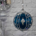 Load image into Gallery viewer, Polar Night Satin Kit -Dark Blue Christmas ornament close-up, sparkling silver beads, sequins, and rhinestone accents, perfect for holiday decoration.