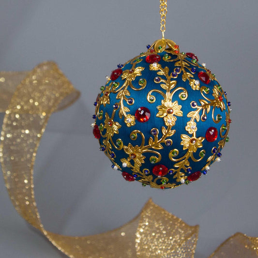 Quam Push Pin Beaded Ornament Kit embellished with gold metal stampings and red rhinestones.(Dark Slate Blue)