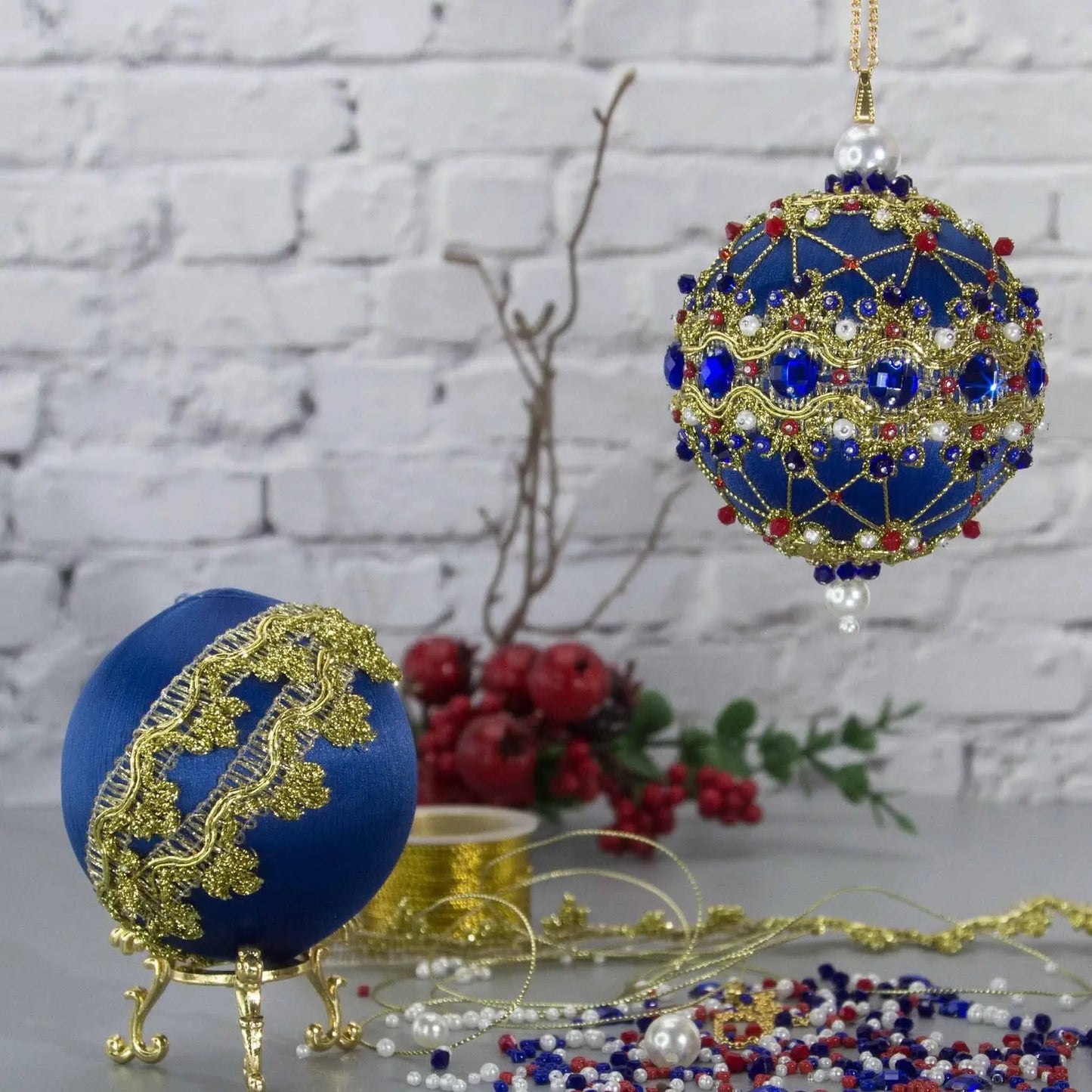 Christmas Sequin Satin Ornament Push Pin Kit for adults DIY Vintage Scheherazade blue. (Dark Slate Blue)
