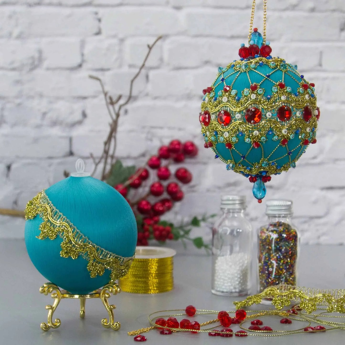 Scheherazade Satin Ornament Kit-Elegant DIY Christmas push pin kit, featuring red rhinestones, interlacesd gold cord, sequins, and metallic trim, set with crafting materials. (Light Sea Green)
