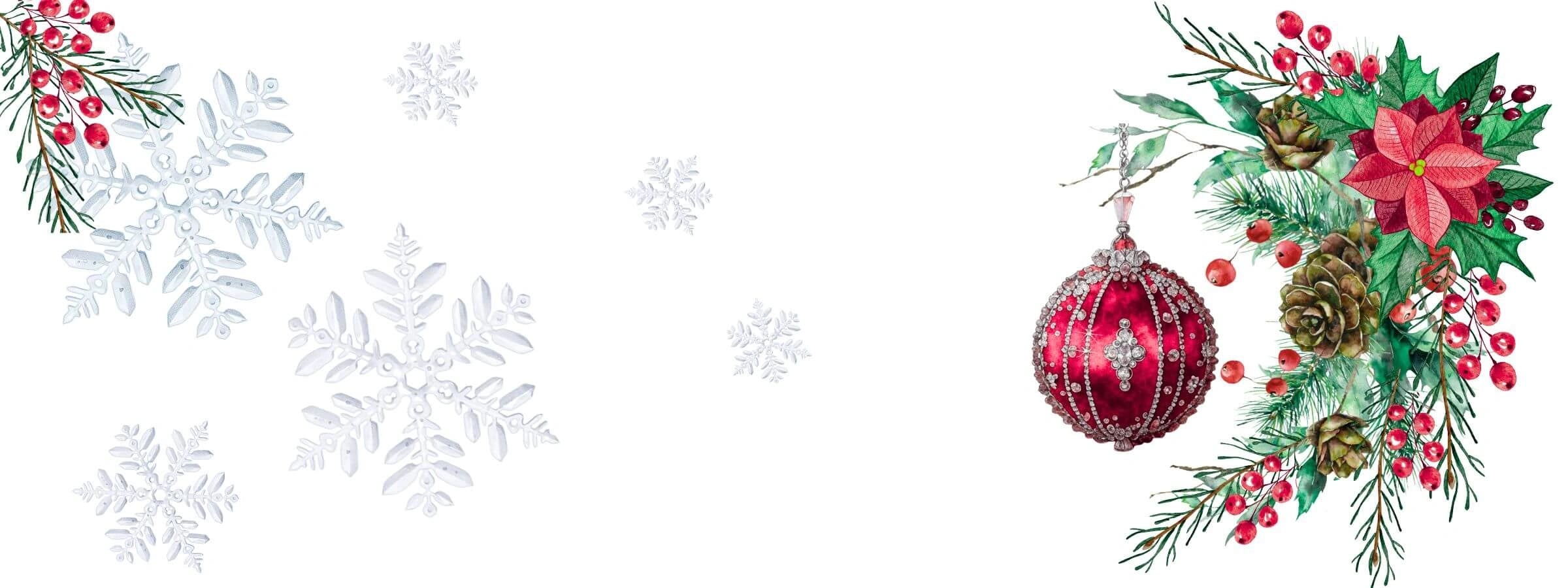 Decorative Christmas border with red ornament, greenery, and snowflakes on a white background