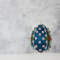Load image into Gallery viewer, The back of Easter or Christmas Beaded Ornament embellished with crystals, beads, and metallic trim. (Dark Slate Blue).