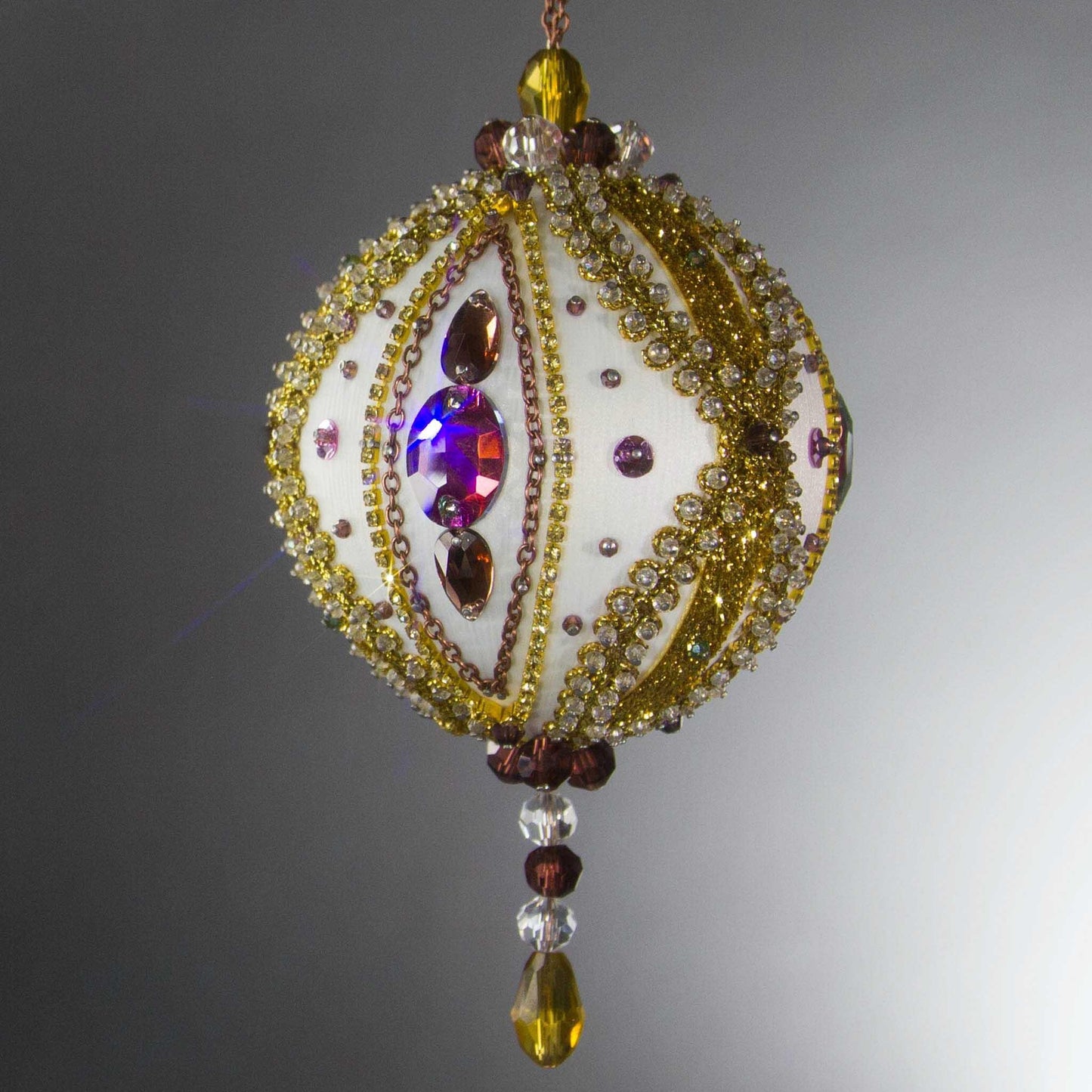 Christmas Beaded Ornament Ball embellished with glass rhinestones, gold braided trim, and crystal beads. DIY. (White).