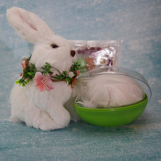 Vintage Doily Handmade Satin Easter Ornament embellished using lace with roses, pearls, and thousands of beads in a container with a clear lid. (Old Lace)