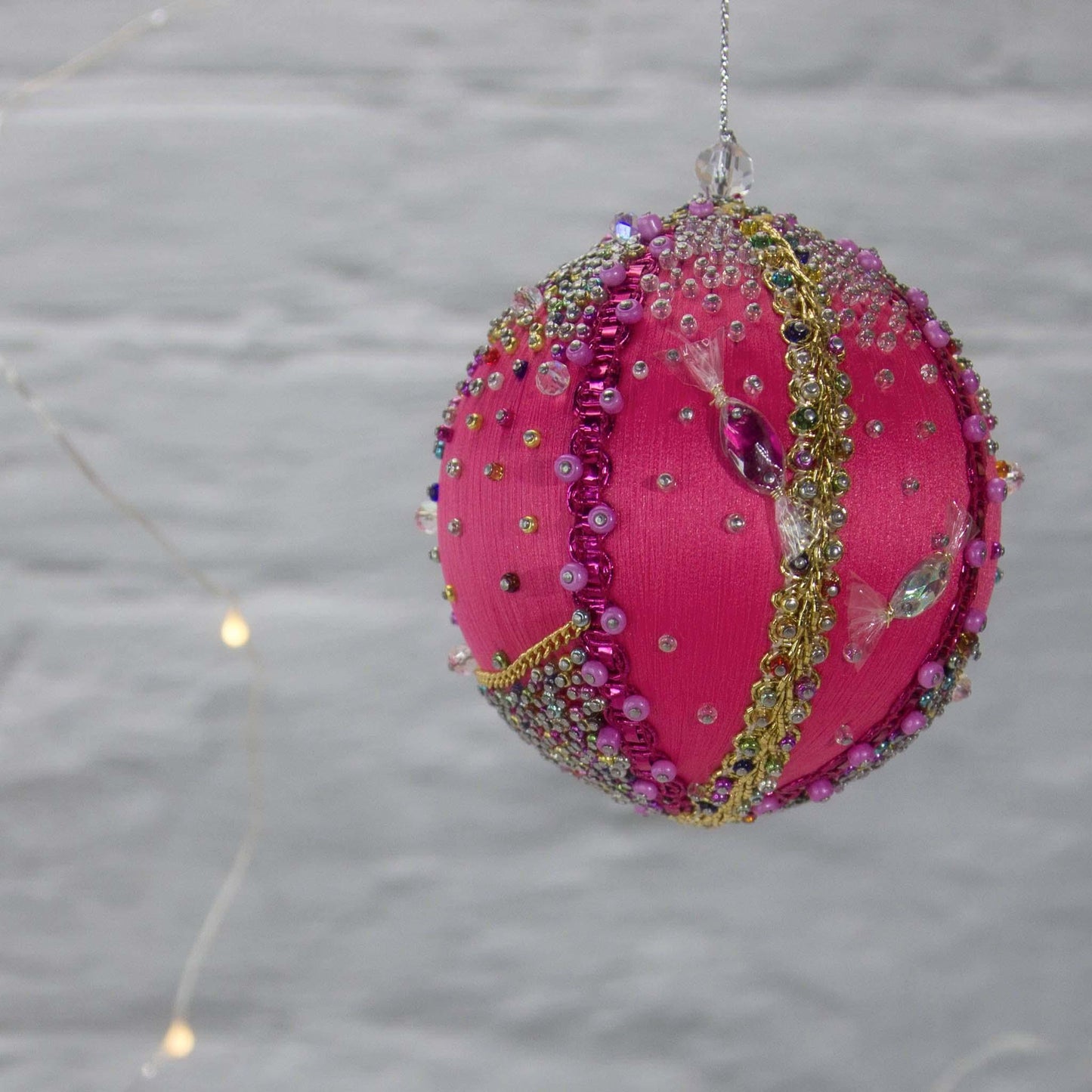 Bright pink sequin Christmas Ornament Candy from Whim5seasonseatures bright fuchsia color, gold accents, playful candy charms. (Deep Pink)