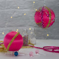 Load image into Gallery viewer, Beaded Sequin Christmas Satin Ornament Candy Kit features bright fuchsia color, gold accents, playful candy charms. (Deep Pink)