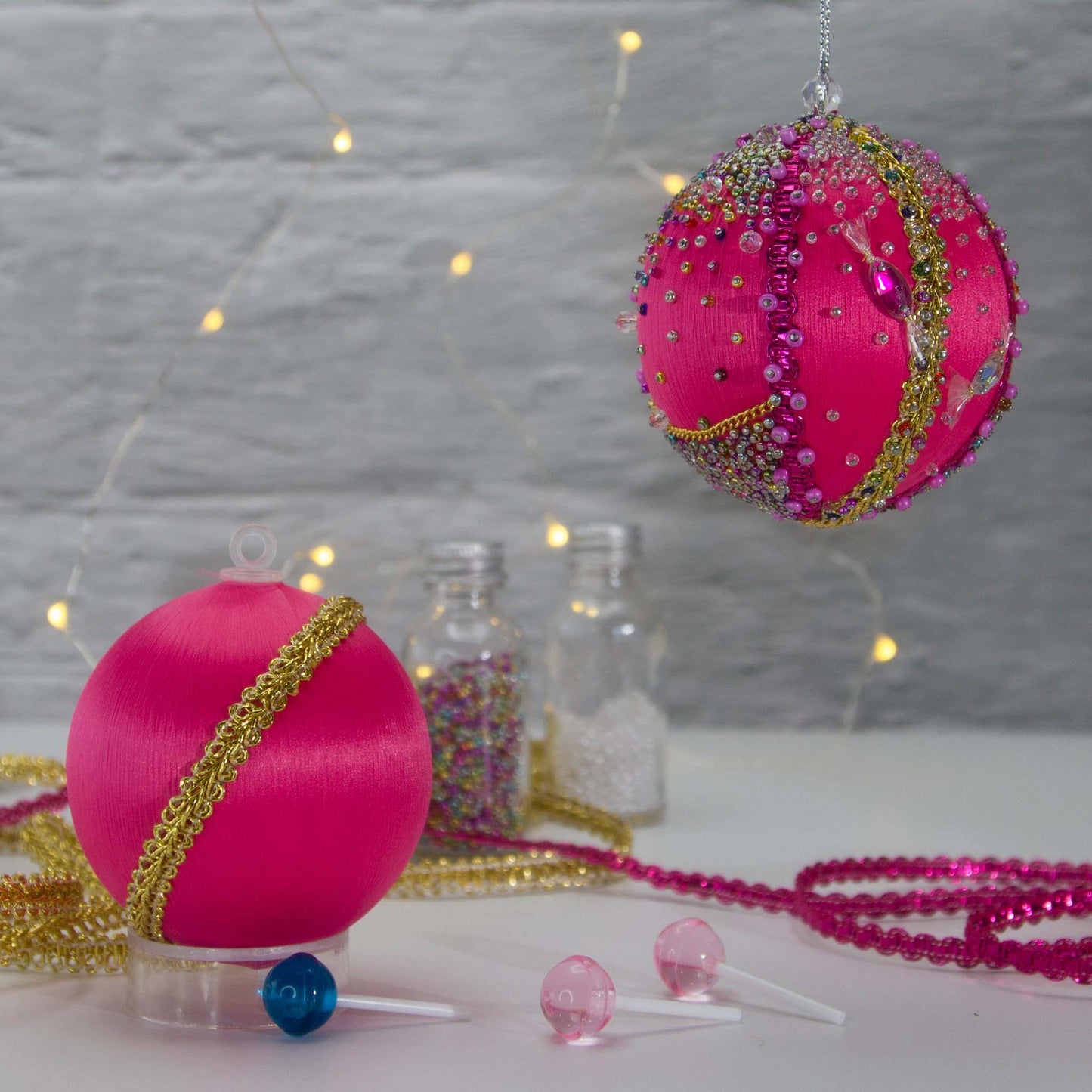 Beaded Sequin Christmas Satin Ornament Candy Kit features bright fuchsia color, gold accents, playful candy charms. (Deep Pink)