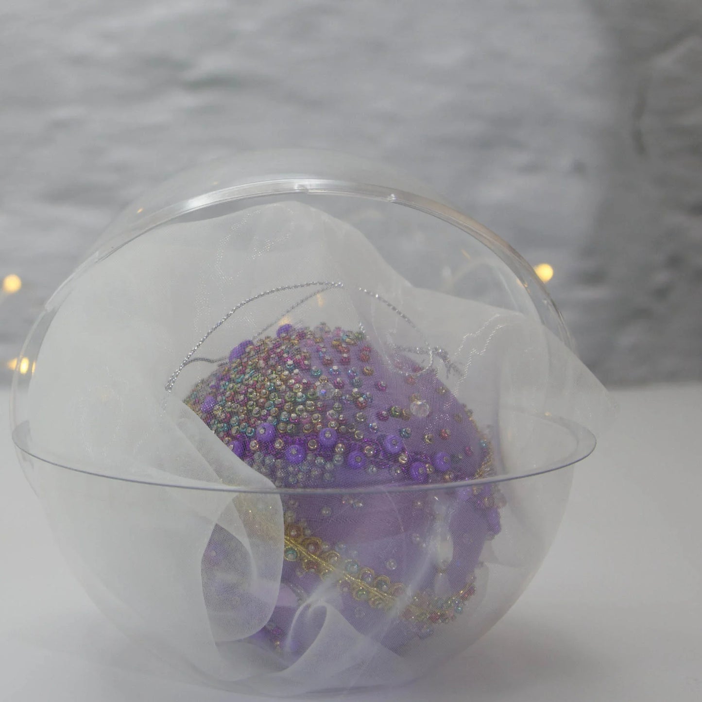Handmade Christmas Ornament Candy in organza bag packed in a clear round container for storage. (Medium Purple)