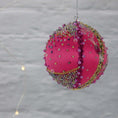Load image into Gallery viewer, Handmade Christmas Satin Ornament Candy features bright fuchsia color, gold trim, Miyuki seed beads, playful candy charms. (Deep Pink)