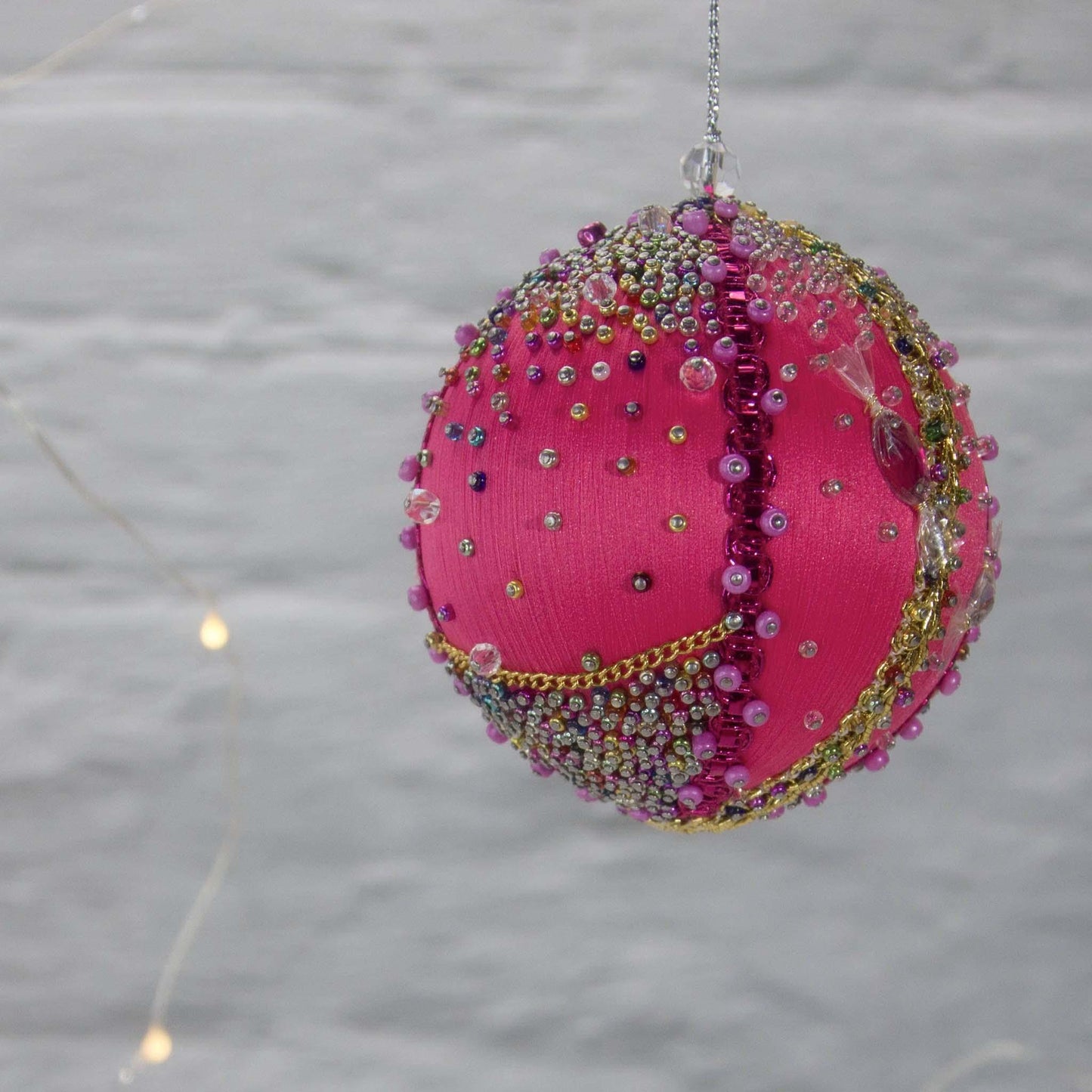 Handmade Christmas Satin Ornament Candy features bright fuchsia color, gold trim, Miyuki seed beads, playful candy charms. (Deep Pink)