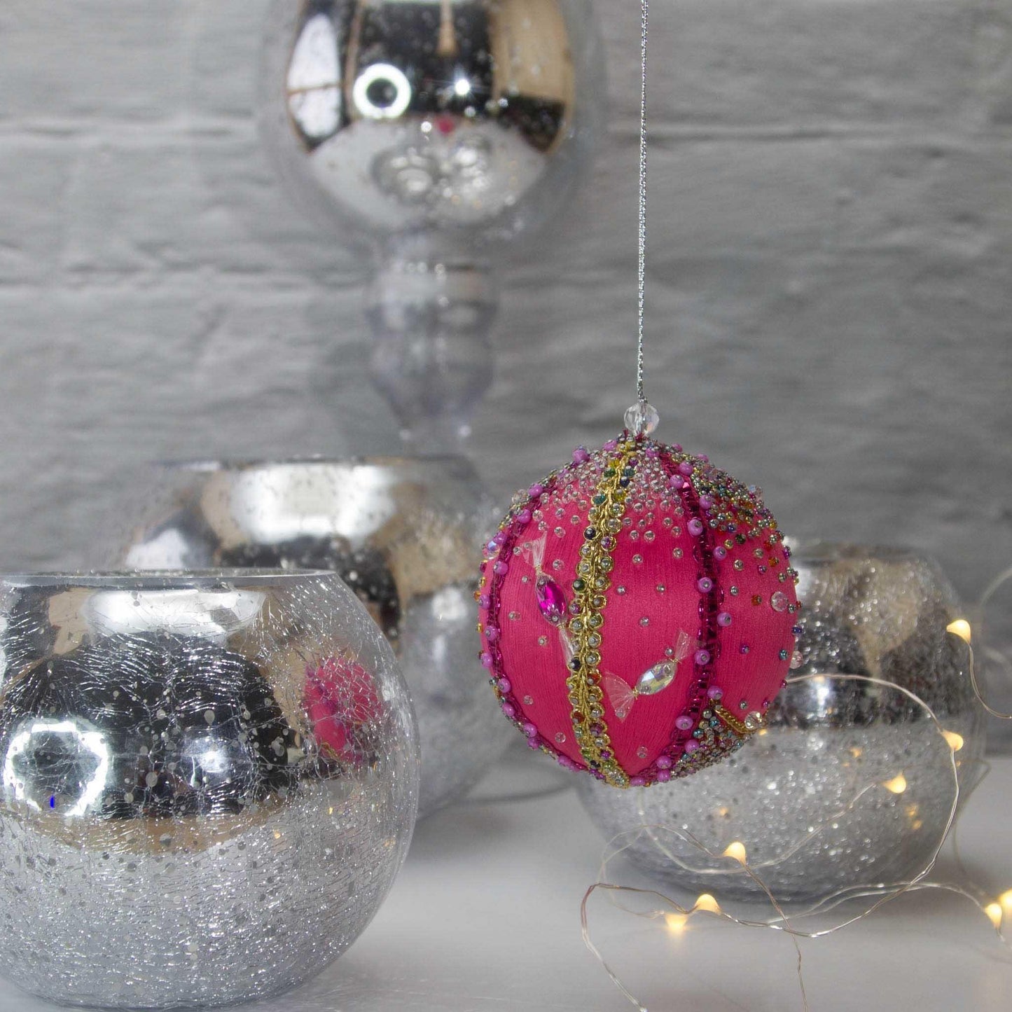 Handmade Christmas Ornament Candy from Whim5seasons features bright fuchsia color, Metallic cord hanger, and gold trim. (Deep Pink)