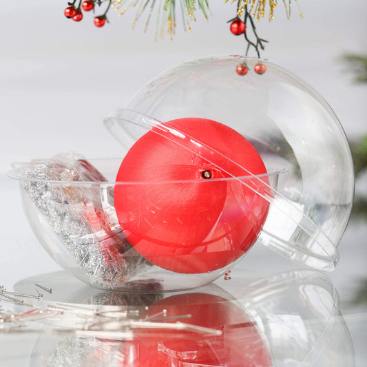 DIY Zima Ornament Kit includes: clear plastic container with satin ball, and push pin kit materials in a small clear bag on a white background. (Red)